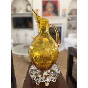 VTG Blenko 991 Winslow Anderson Hand Blown Optic Swirl Amber Yellow Pitcher‎ 14"